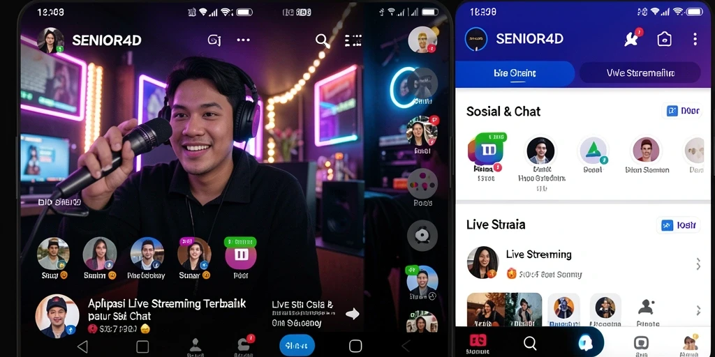 Antarmuka aplikasi SENIOR4D yang modern dan fungsional untuk Live Streaming.