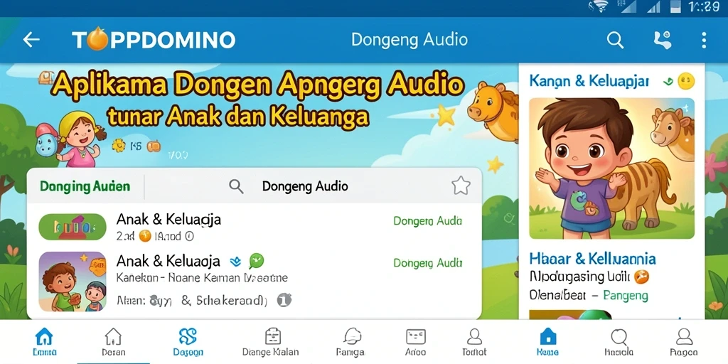 Antarmuka aplikasi TOPDOMINO yang menarik untuk dongeng audio.